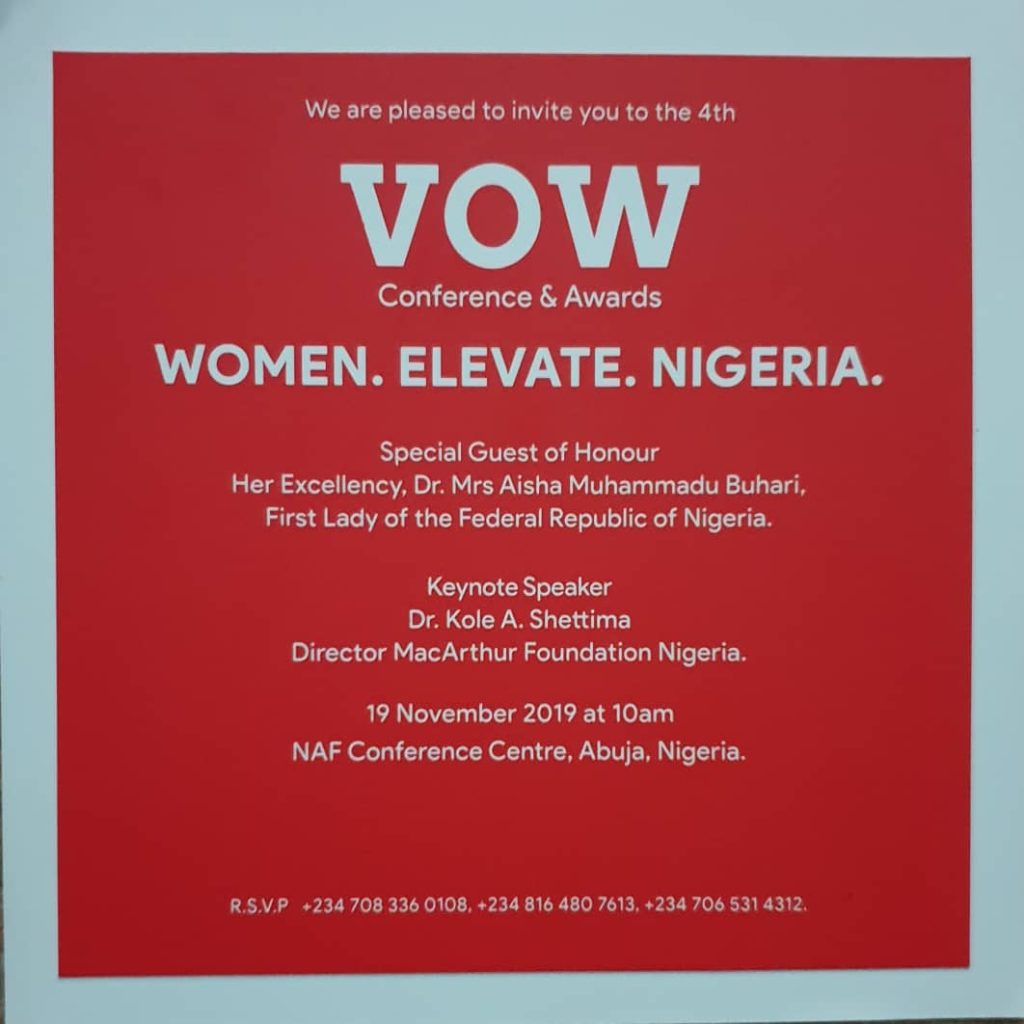 The 4th VOW Conference & Awards takes place on 19 November 2019 at NAF Conference Centre, Abuja, Nigeria.