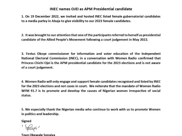 INEC names OJEI as APM Presidential candidate